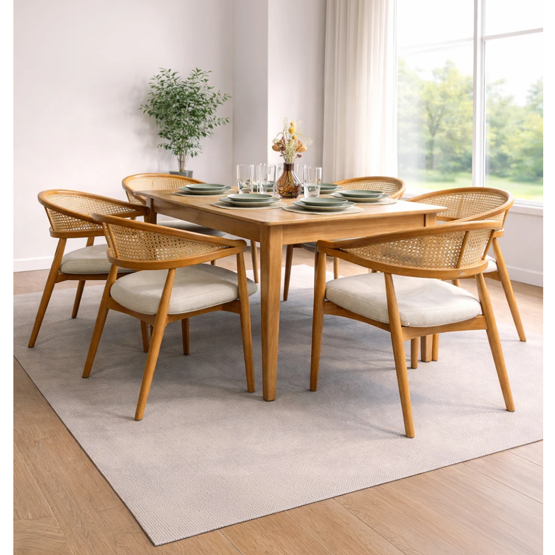 Sina Masa & Gazel Sandalye Takımı | Hasır Detaylı 6 Kişilik Modern Yemek Seti